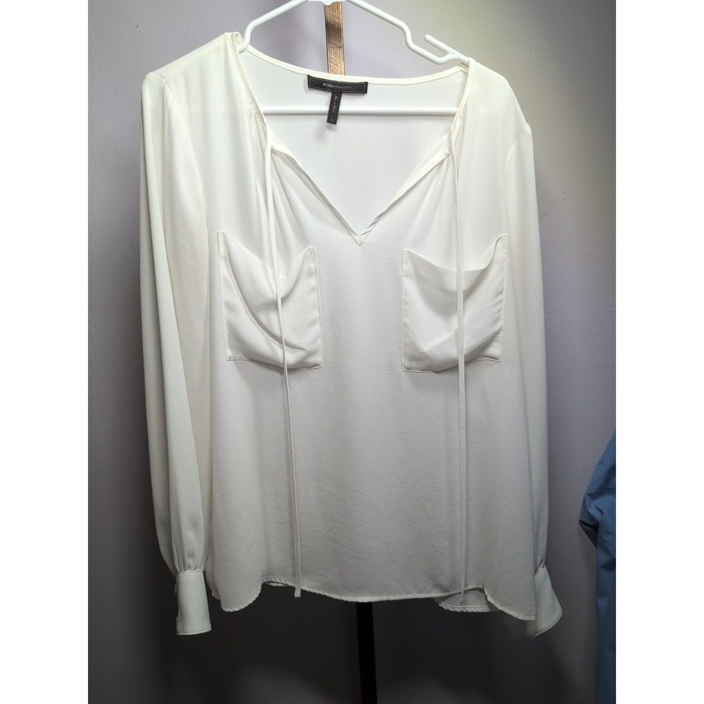 BCBG MAXAZRIA Women's Blouse Long Sleeve V-Neck/‎ Tie With Pockets Medium